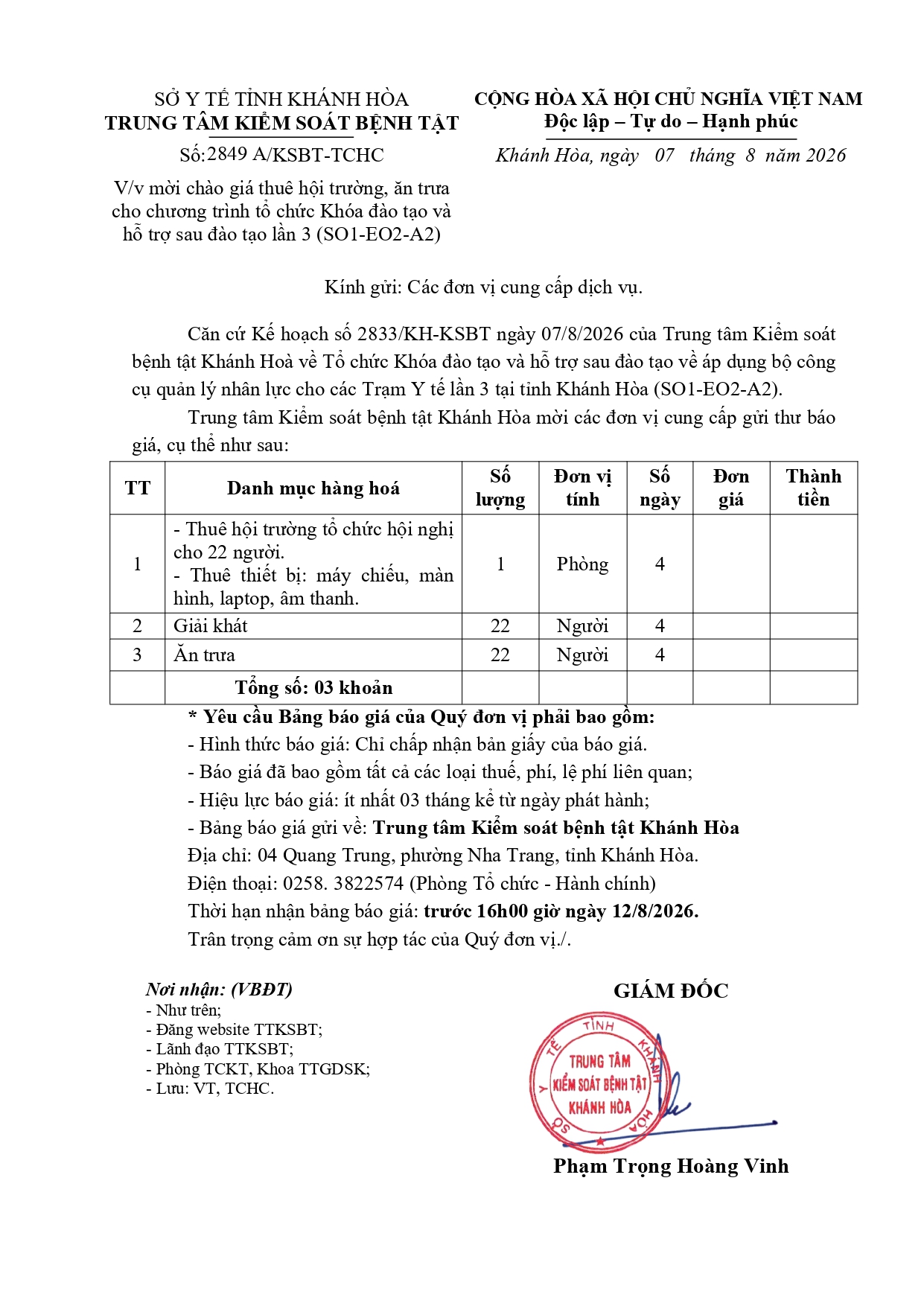 V/v mời chào giá thuê hội trường, ăn trưa cho chương trình tổ chức Khóa đào tạo và hỗ trợ sau đào tạo lần 3 (SO1-EO2-A2)